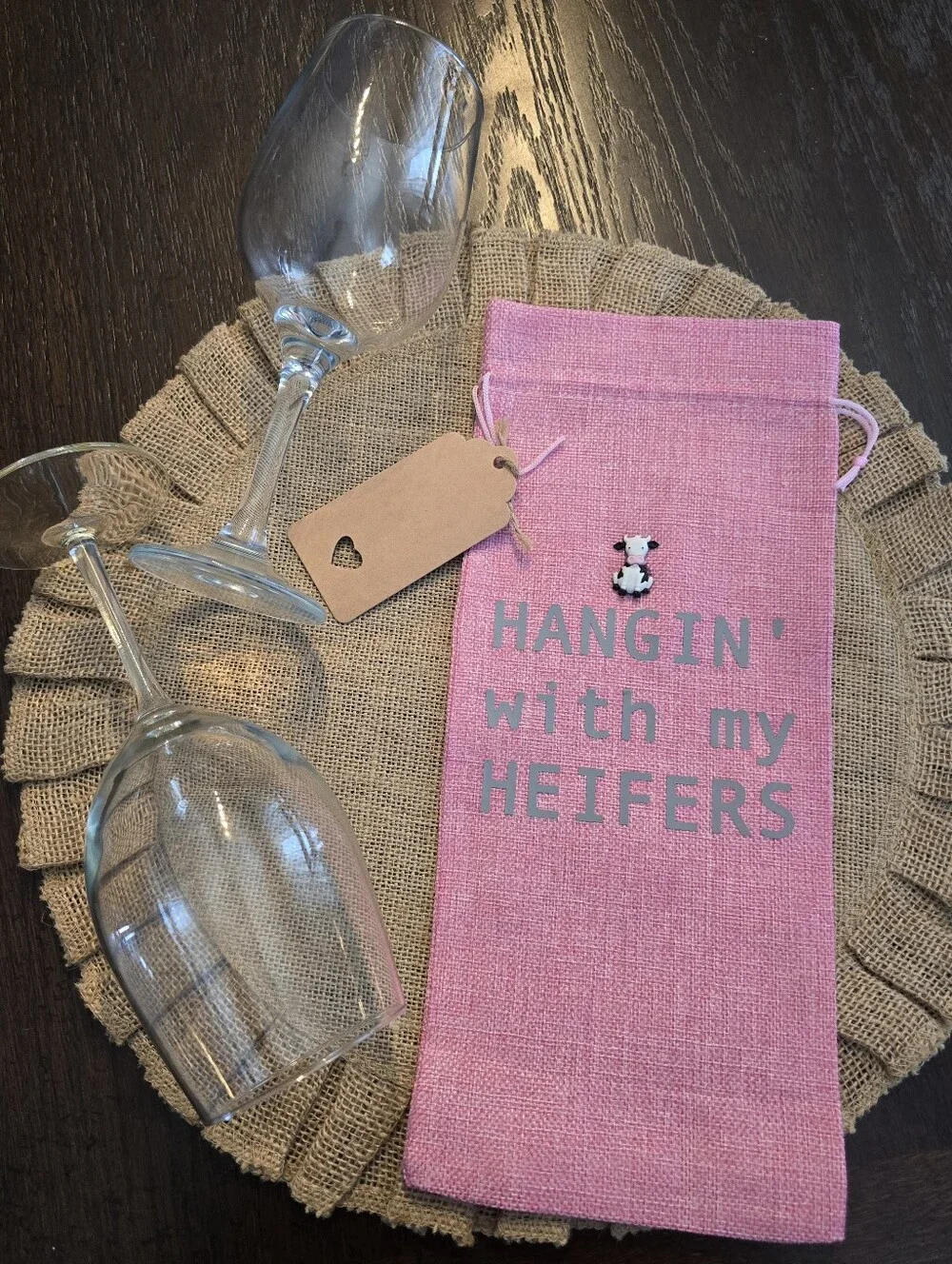 Hangin With My Heifers Wine Bag Funny Pink Burlap Gift Tote Western Girls Trip🤠